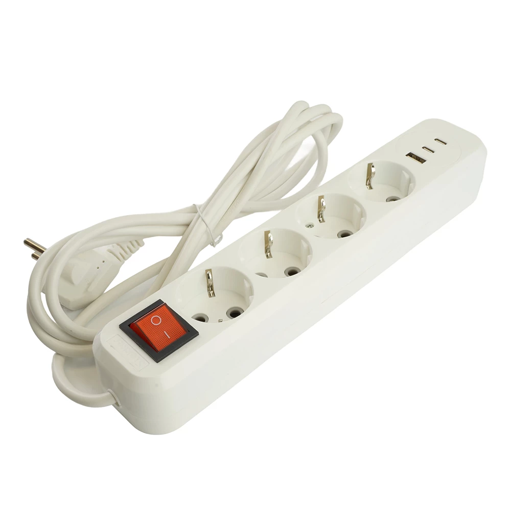 Удлинитель 4-местный с/з с выключ. STEKKER HM071-41-05 3x1мм2, 5м, 250В, 16А, 1USB+2C, 2.4A, сер Home, белый (50141) - Viokon.com