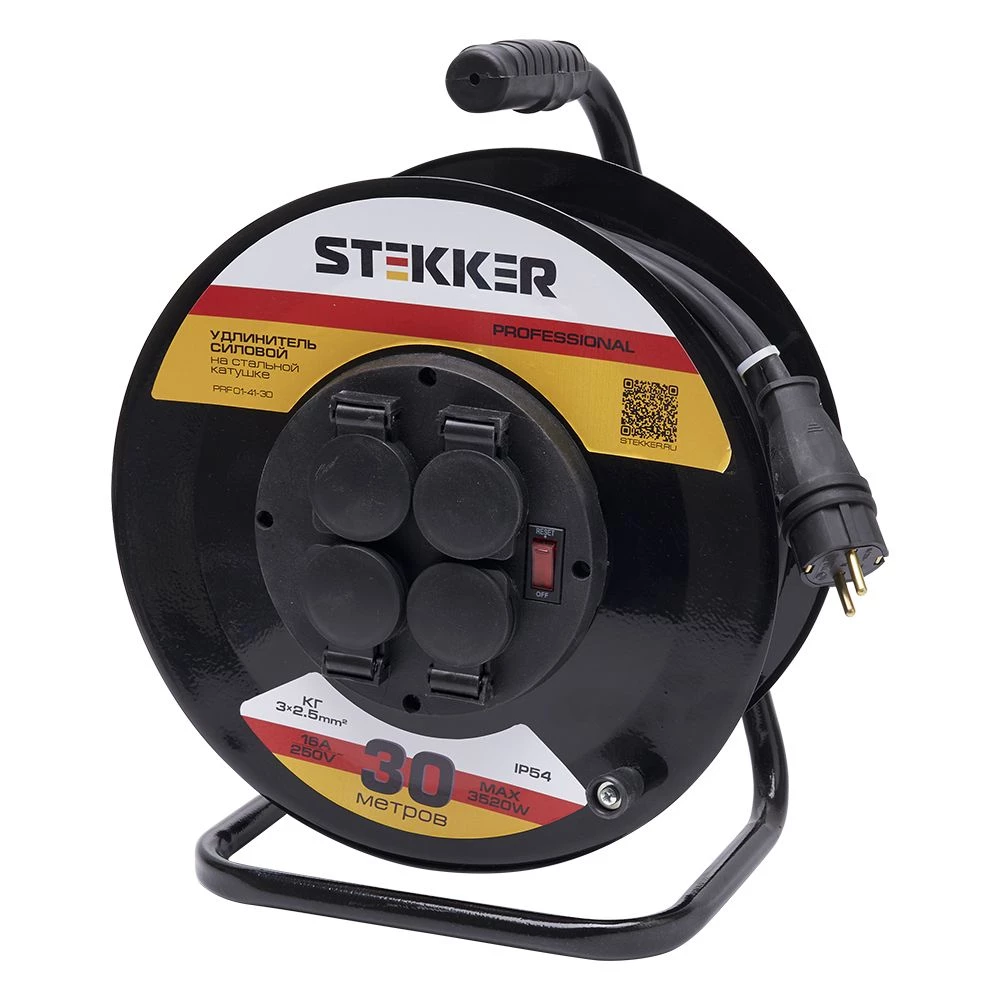 Удлинитель на металлической катушке Stekker PRF01-41-30, 30м, 4 гнезда с/з, 3*2,5, черный, серия Professional (УХз-16) (39221) - Viokon.com