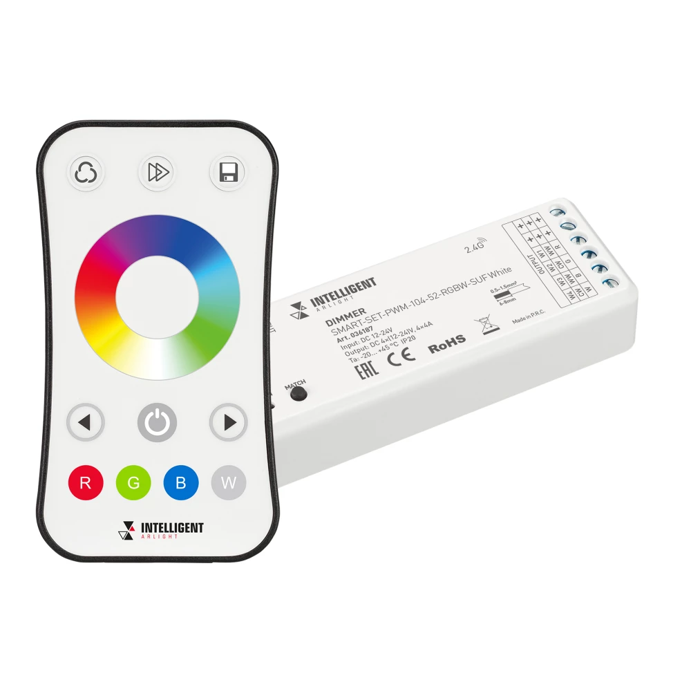INTELLIGENT ARLIGHT Диммер SMART-SET-PWM-104-52-RGBW-SUF White (12-24V, 4x4A, ПДУ RING 10кн, 2.4G) (IARL, Контроллер) 036187 - Viokon.com