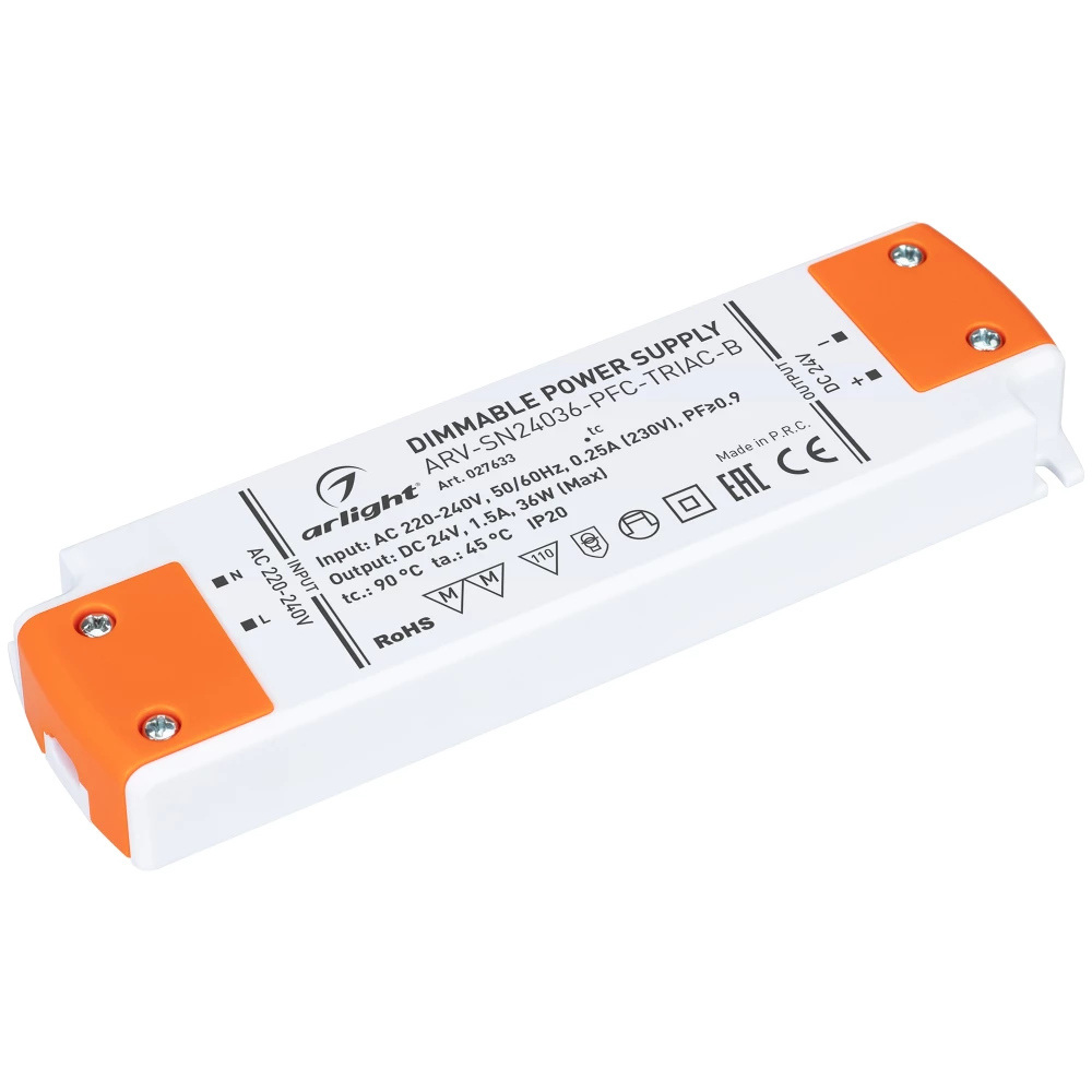 Блок питания ARV-SN24036-PFC-TRIAC-B (24V, 1.5A, 36W) (Arlight, IP20 Пластик, 3 года) 027633 - Viokon.com