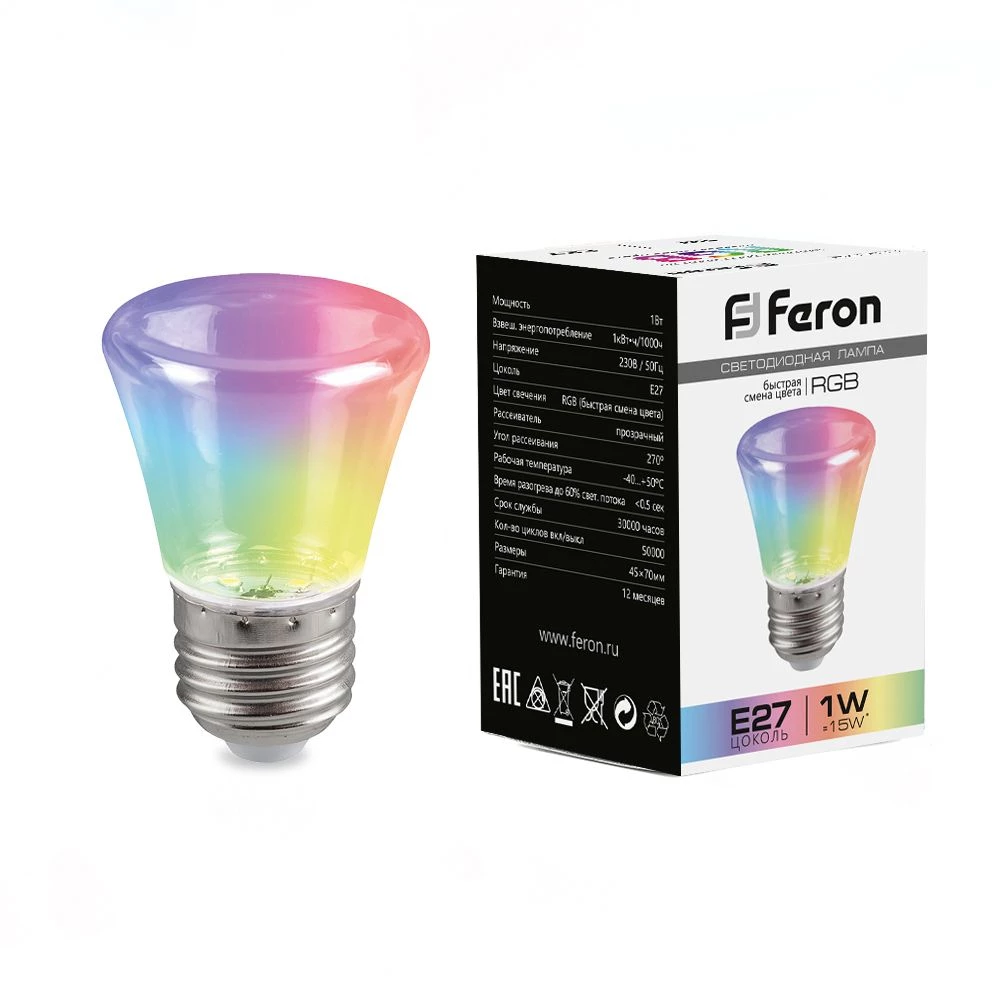 Лампа светодиодная Feron LB-372 Колокольчик прозрачный E27 1W RGB плавная смена цвета (38134) - Viokon.com