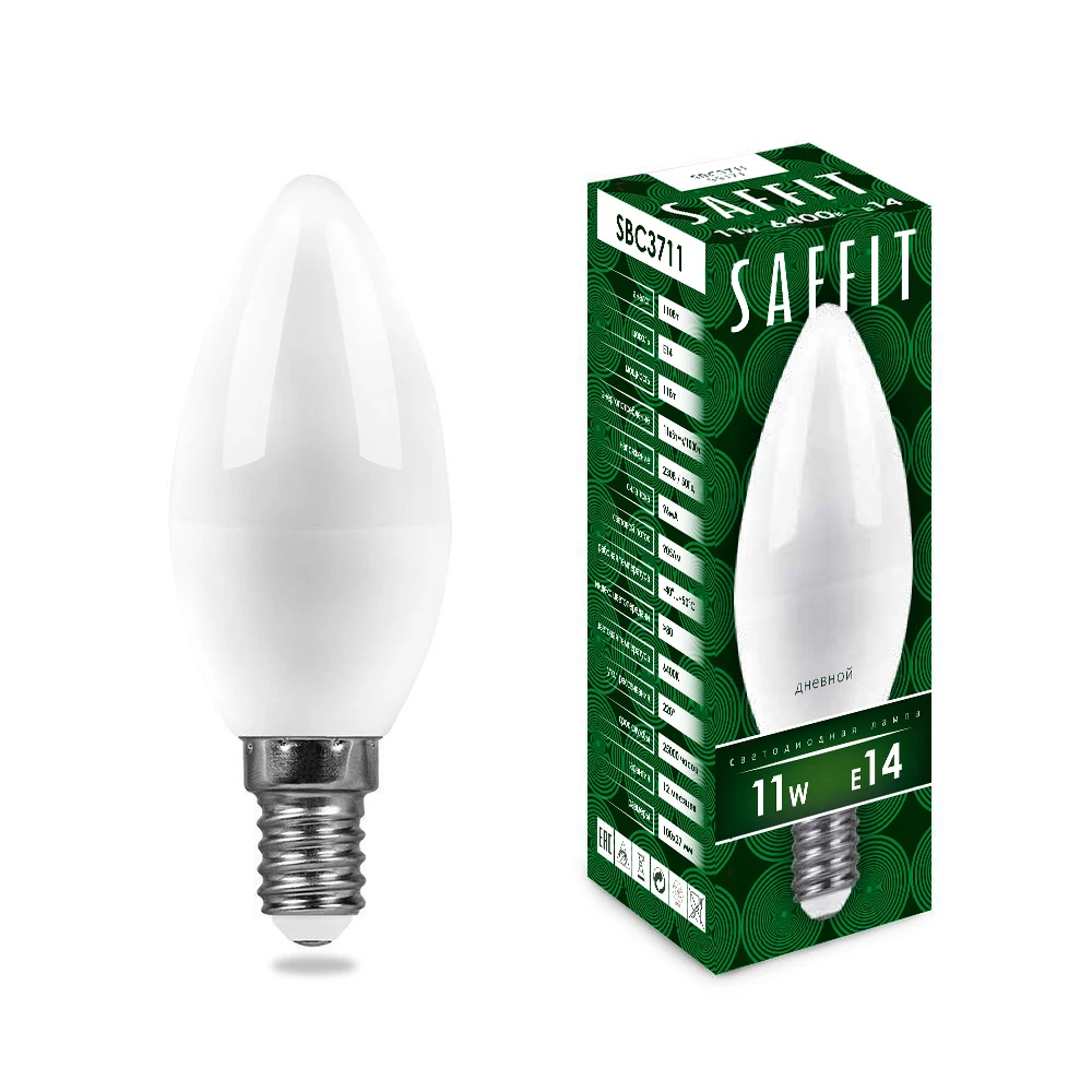 Лампа светодиодная SAFFIT SBC3711 Свеча E14 11W 230V 6400K (55171) - Viokon.com