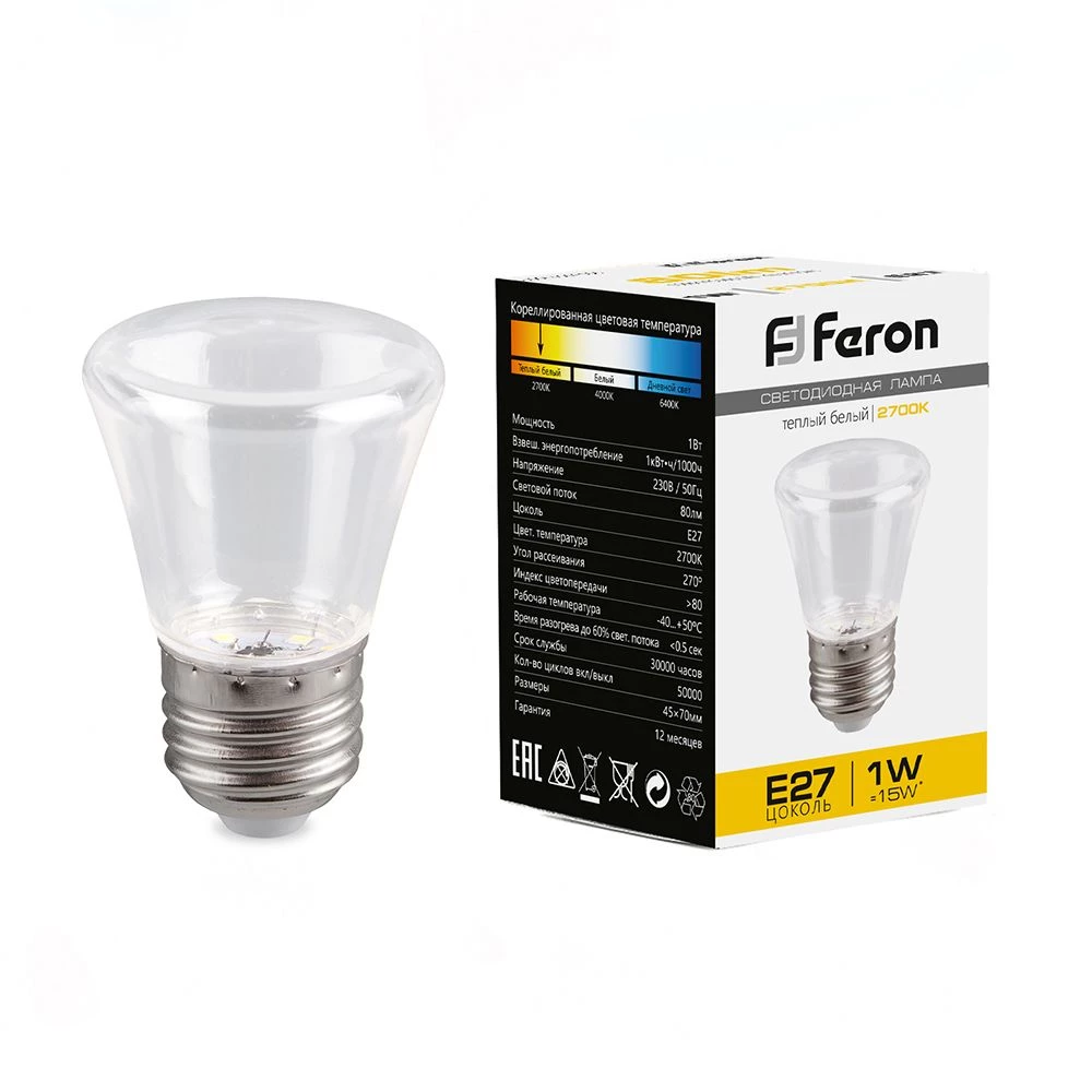Лампа светодиодная Feron LB-372 Колокольчик прозрачный E27 1W 2700K (25909) - Viokon.com