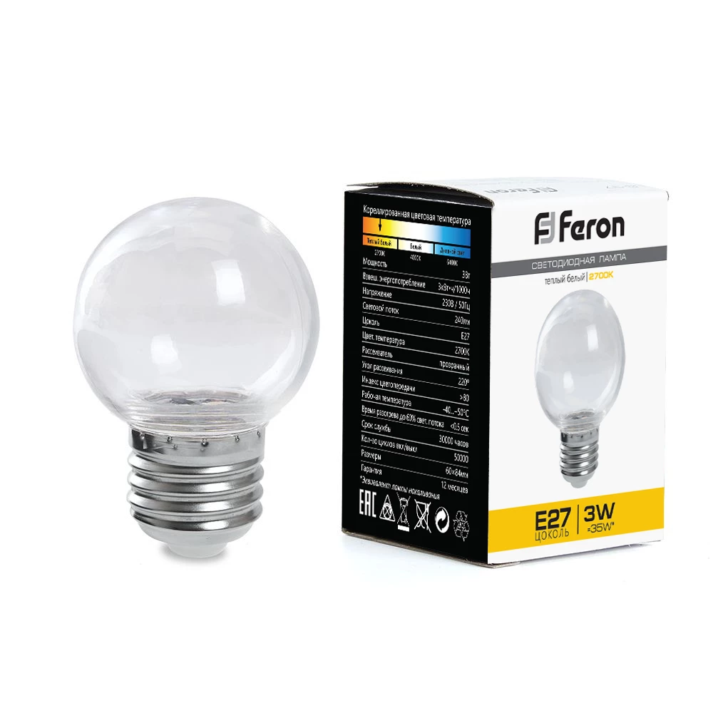 Лампа светодиодная Feron LB-371 Шар E27 3W 230V 2700K прозрачный (38121) - Viokon.com