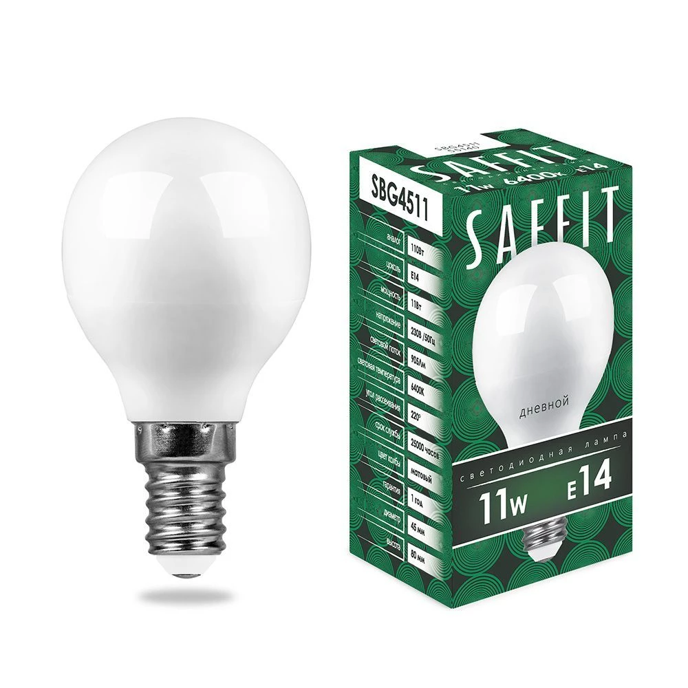 Лампа светодиодная SAFFIT SBG4511 Шарик E14 11W 230V 6400K (55140) - Viokon.com