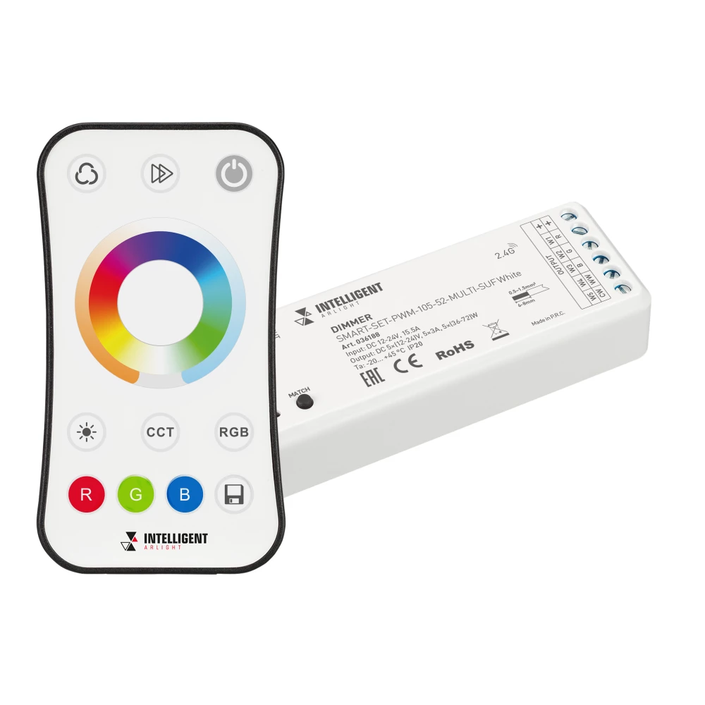 INTELLIGENT ARLIGHT Диммер SMART-SET-PWM-105-52-MULTI-SUF White (12-24V, 5x3A, ПДУ RING 10кн, 2.4G) (IARL, Контроллер) 036188 - Viokon.com