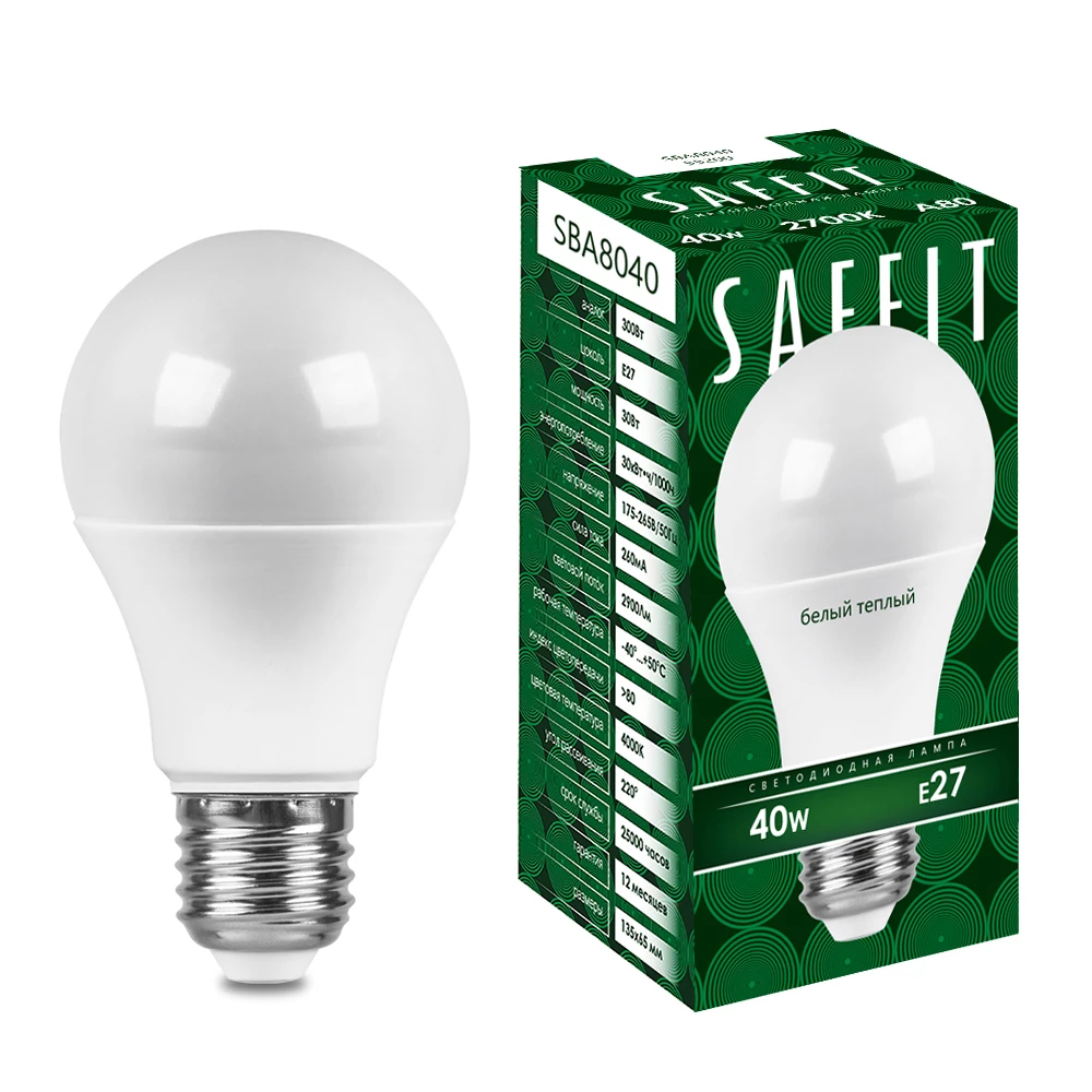 Лампа светодиодная SAFFIT SBA8040 Шар E27 40W 230V 2700K (55200) - Viokon.com