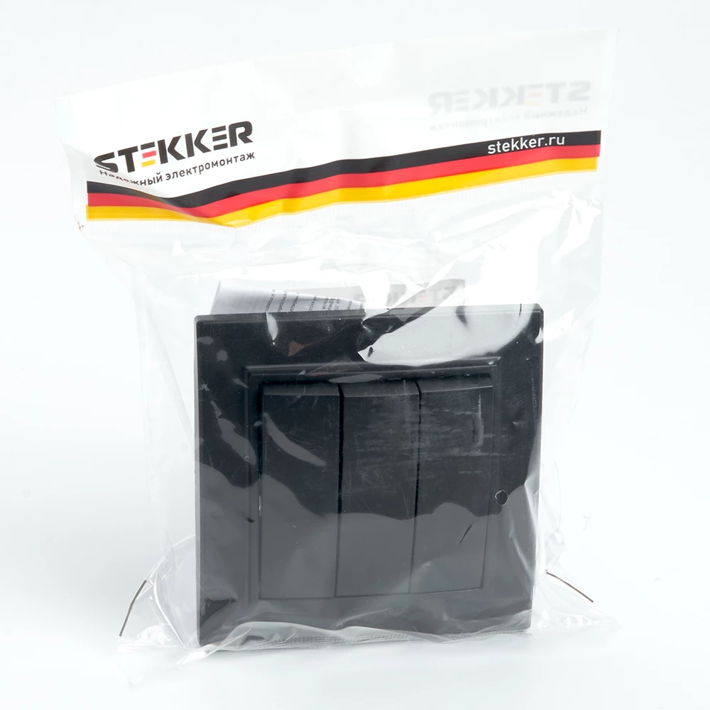 Выключатель 3-клавишный STEKKER  PSW10-9007-03, 250В, 10А, серия Эрна, черный (39924) - Viokon.com