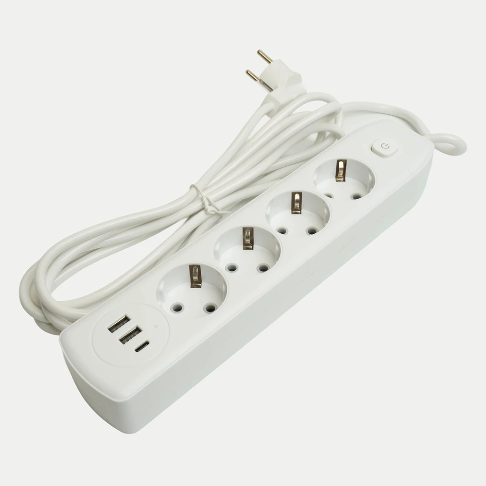 Удлинитель 4-местный c/з 3x1 мм2, 3 м, 250В, 10А, 2USB+1Type-C 2,4А, серия Home plus, белый STEKKER HM08-43-02 (49978) - Viokon.com