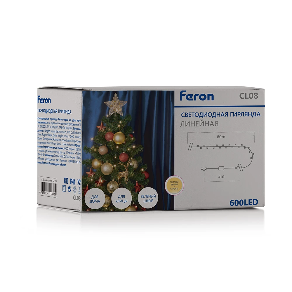 Светодиодная гирлянда Feron CL08 линейная 60м + 3м 230V 2700К, c питанием от сети, эффектом стробов, зеленый шнур (32320) - Viokon.com