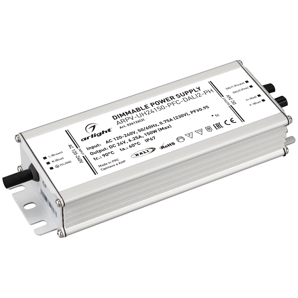 Блок питания ARPV-UH24150-PFC-DALI2-PH (24V, 6.3A, 150W) (Arlight, IP67 Металл, 7 лет) 026126(2) - Viokon.com