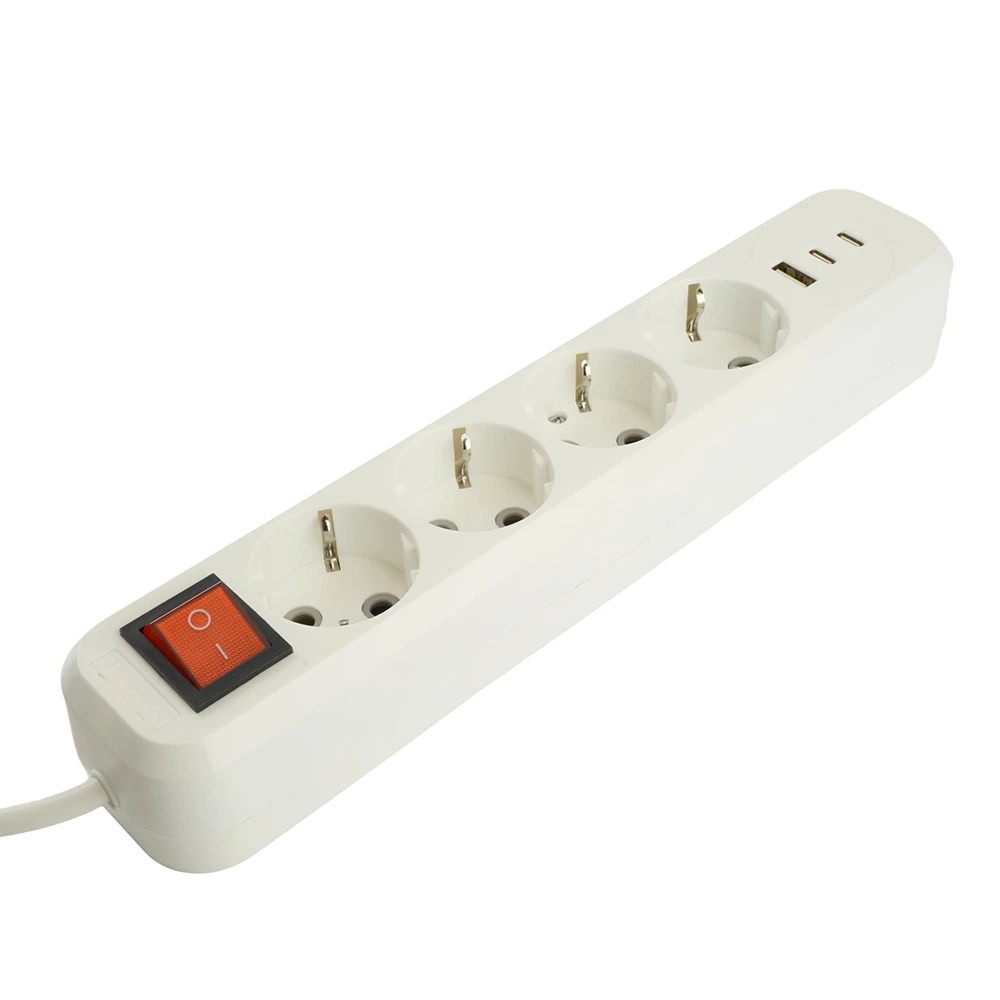 Удлинитель 4-местный с/з с выключ. STEKKER HM071-41-05 3x1мм2, 5м, 250В, 16А, 1USB+2C, 2.4A, сер Home, белый (50141) - Viokon.com