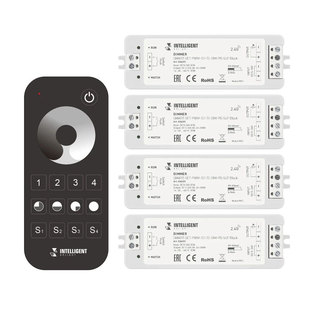 INTELLIGENT ARLIGHT Диммер SMART-SET-PWM-101-72-DIM-PD-SUF Black (5-36V, 1x8A, x4, ПДУ 13кн, 2.4G) (IARL, IP20 Пластик, 5 лет) 036201 - Viokon.com