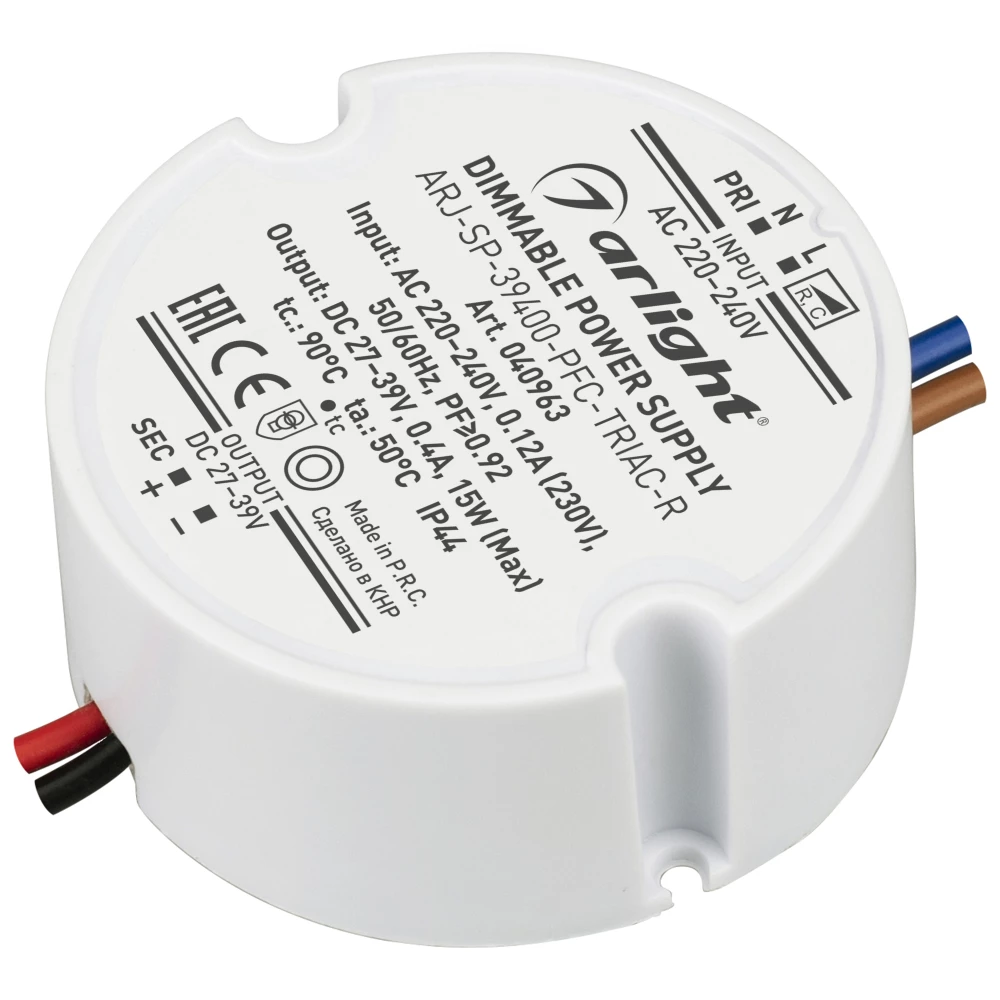 Блок питания ARJ-SP-39400-PFC-TRIAC-R (15W, 27-39V, 400mA) (Arlight, IP44 Пластик, 5 лет) 040963 - Viokon.com