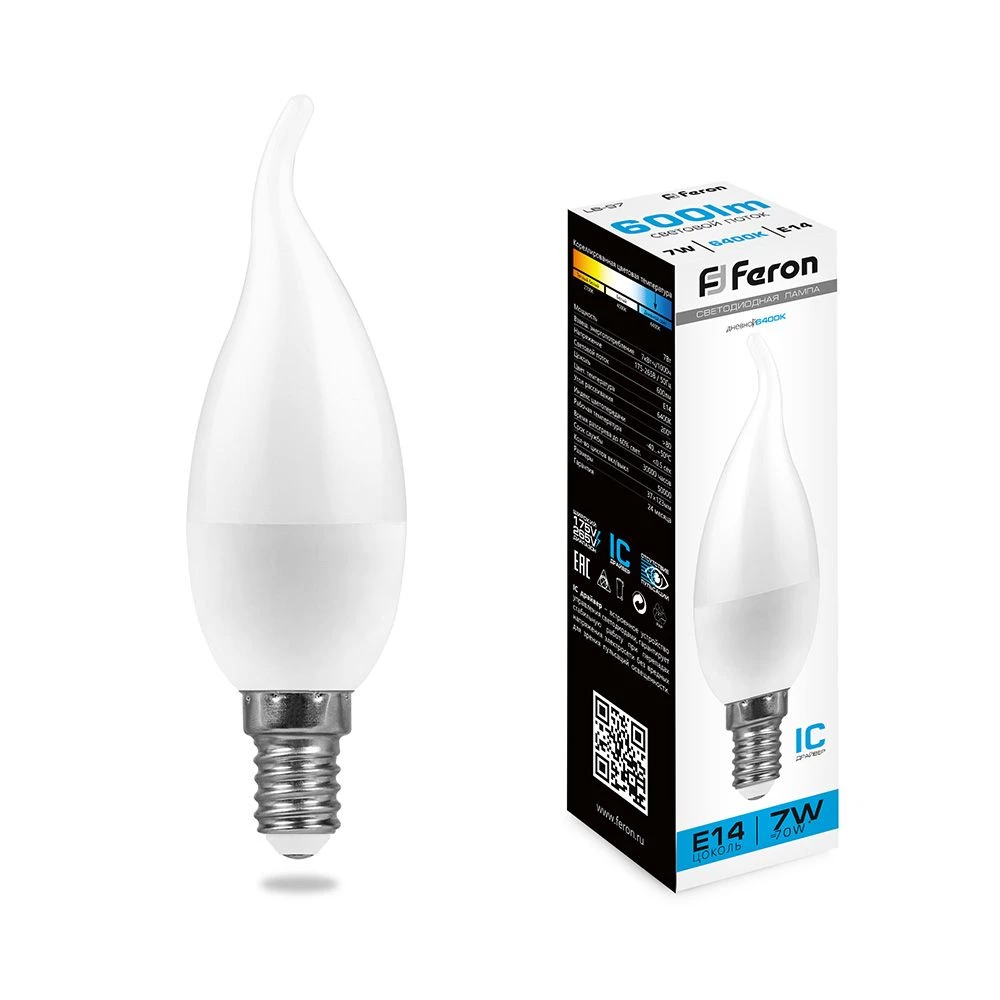 Лампа светодиодная Feron LB-97 Свеча на ветру E14 7W 175-265V 6400K (38135) - Viokon.com