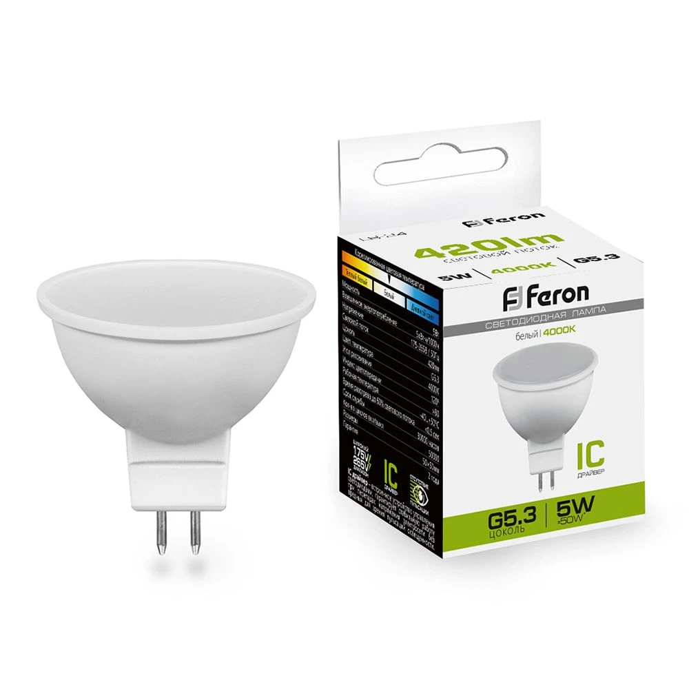Лампа светодиодная Feron LB-24 MR16 G5.3 5W 175-265V 4000K (25126) - Viokon.com