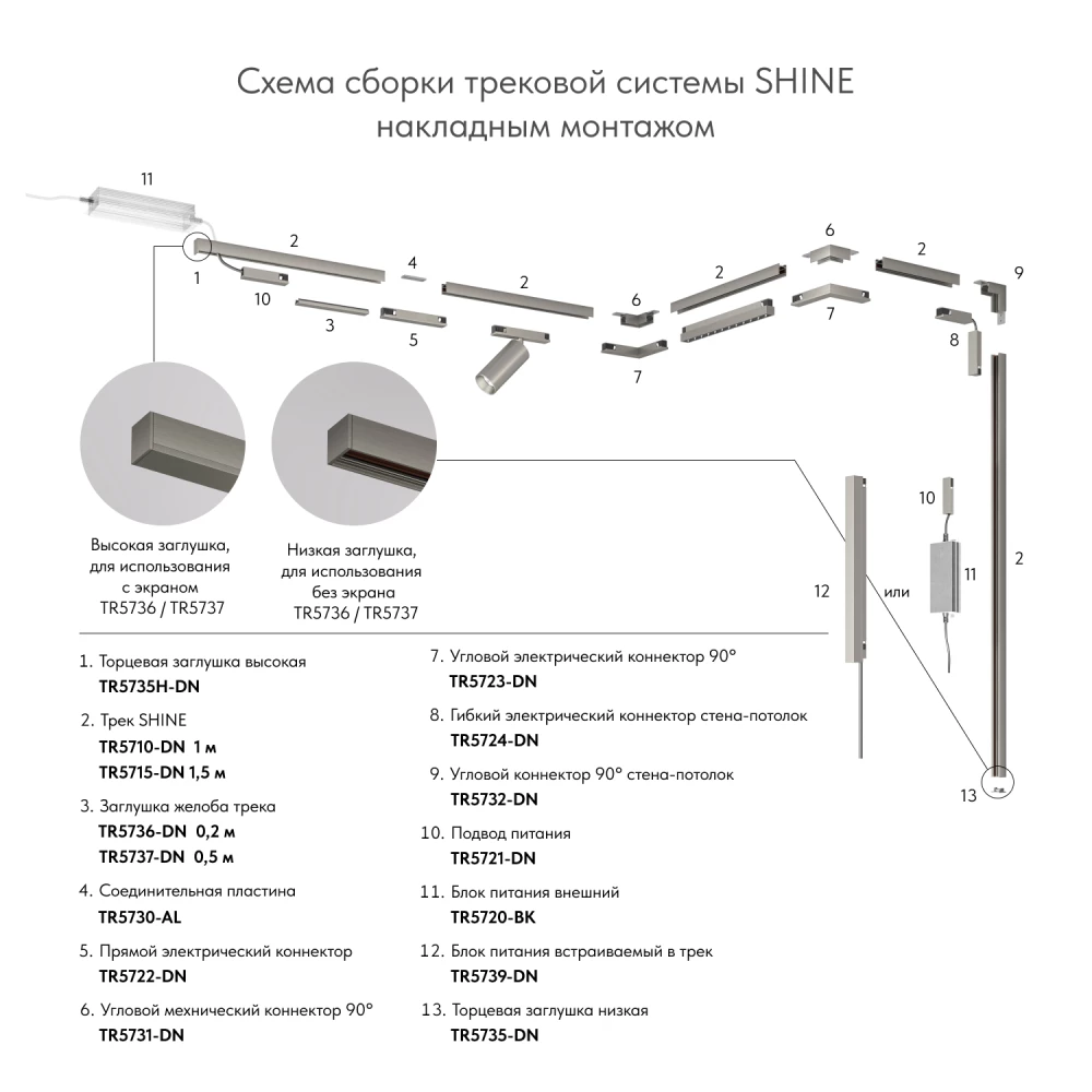 TR5736-DN Декоративная заглушка желоба трека SHINE BASE 20см темный никель алюминий - Viokon.com