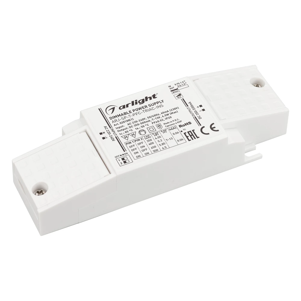 Блок питания ARJ-SP-7-PFC-TRIAC-INS (7W, 7-13V, 0.35-0.5A) (Arlight, IP20 Пластик, 5 лет) 028188(1) - Viokon.com