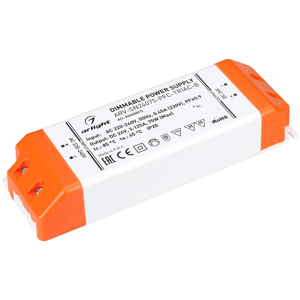 Блок питания ARV-SN24075-PFC-TRIAC-B (24V, 3.1A, 75W) (Arlight, IP20 Пластик, 3 года) 026406(1) - Viokon.com