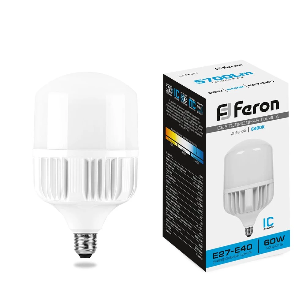 Лампа светодиодная Feron LB-65 E27-E40 60W 175-265V 6400K (25782) - Viokon.com