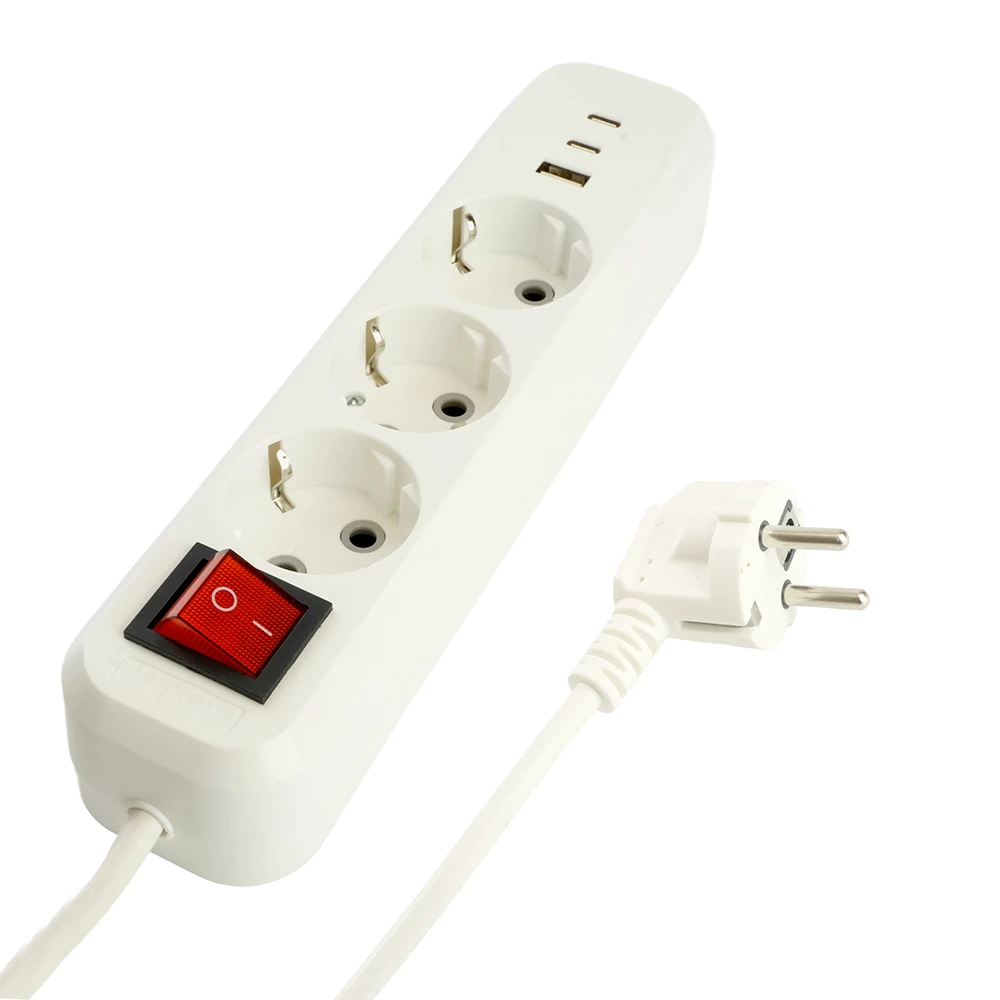 Удлинитель 3-местный с/з с выключ. STEKKER HM071-31-05 3x1мм2, 5м, 250В, 16А, 1USB+2C, 2.4A, сер Home, белый (50138) - Viokon.com