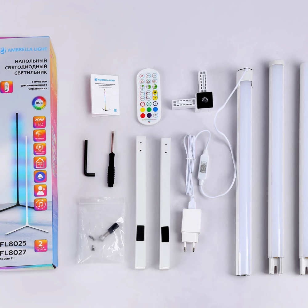 Светильник светодиодный напольный RGB с пультом FL8020 WH белый LED 15W RGB D32*1250 (ПДУ РАДИО 2.4G) - Viokon.com