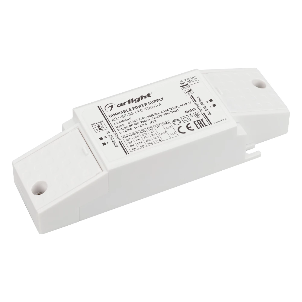 Блок питания ARJ-SP-30-PFC-TRIAC-INS (30W, 26-42V, 0.5-0.7A) (Arlight, IP20 Пластик, 5 лет) 026052(1) - Viokon.com