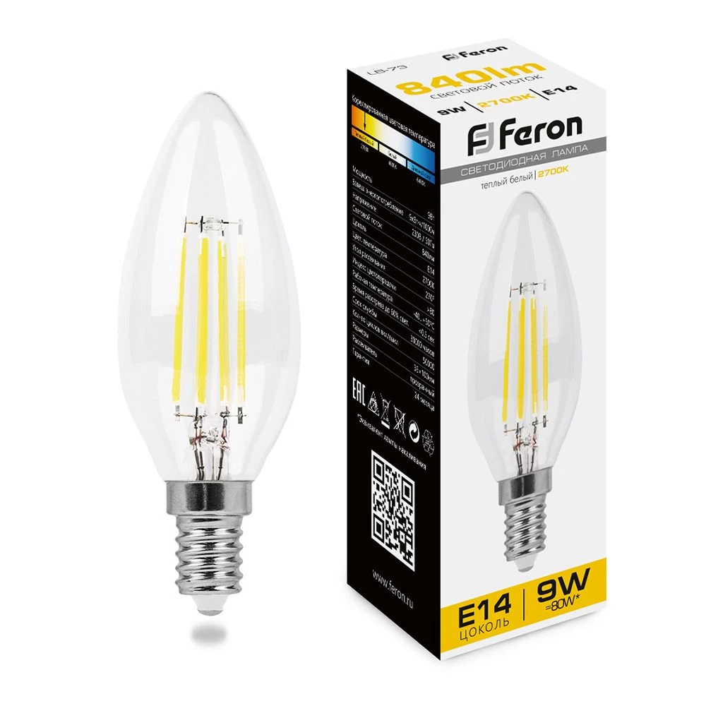 Лампа светодиодная Feron LB-73 Свеча E14 9W 230V 2700K (25956) - Viokon.com