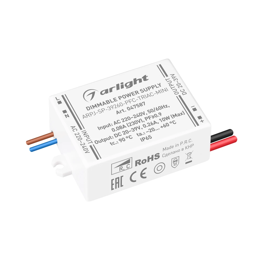 Блок питания ARPJ-SP-39260-PFC-TRIAC-MINI (10W, 20-39V, 260mA) (Arlight, IP65 Пластик, 5 лет) 047587 - Viokon.com