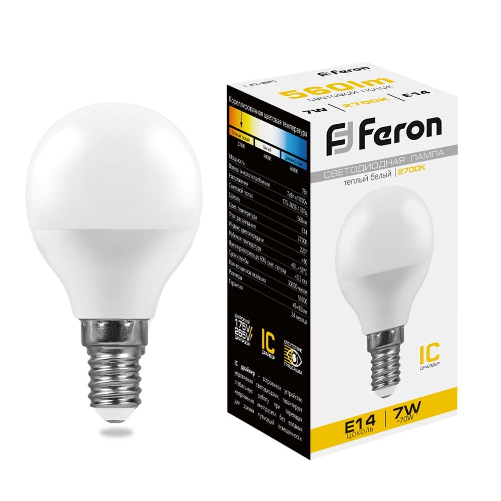 Лампа светодиодная Feron LB-95 Шарик E14 7W 175-265V 2700K (25478) - Viokon.com