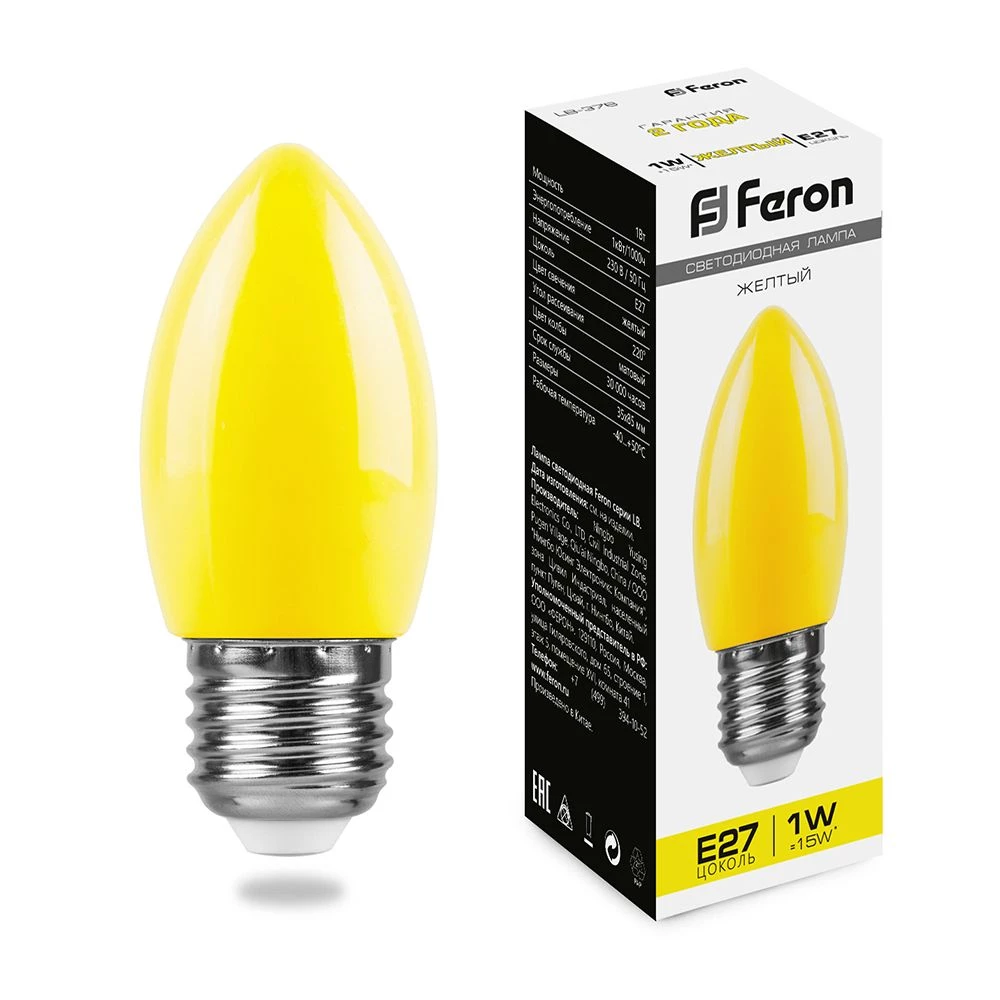 Лампа светодиодная Feron LB-376 свеча E27 1W желтый (25927) - Viokon.com