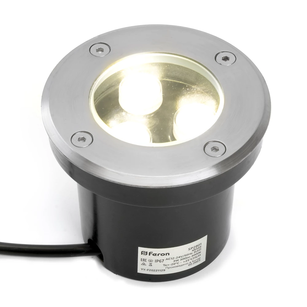 Светодиодный светильник тротуарный (грунтовый) Feron SP2801, 3W, AC/DC12-24V, низковольтный, 4000К, черный,100*H80mm, вн.диаметр: 70mm, IP67 (48345) - Viokon.com