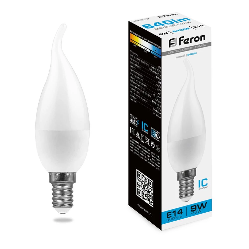 Лампа светодиодная Feron LB-570 Свеча на ветру E14 9W 175-265V 6400K (38136) - Viokon.com