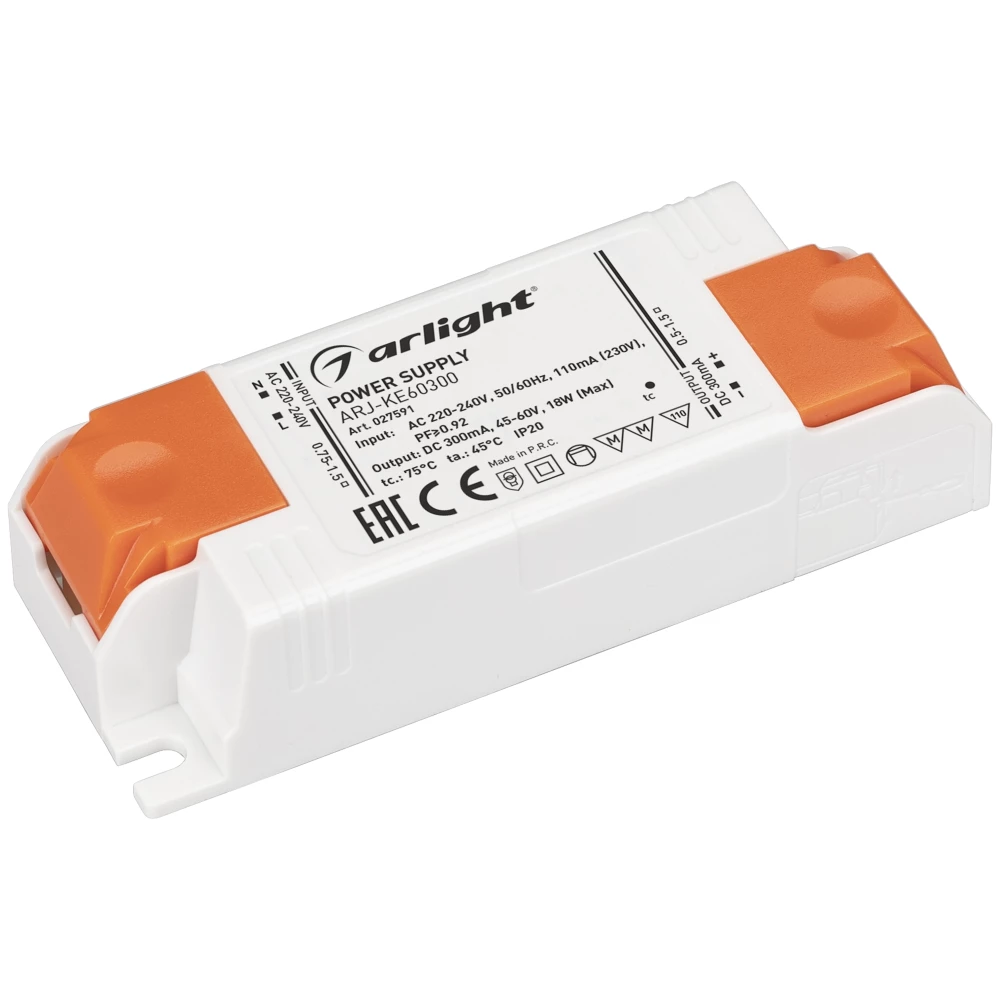 Блок питания ARJ-KE60300 (18W, 300mA, PFC) (Arlight, IP20 Пластик, 5 лет) 027591 - Viokon.com
