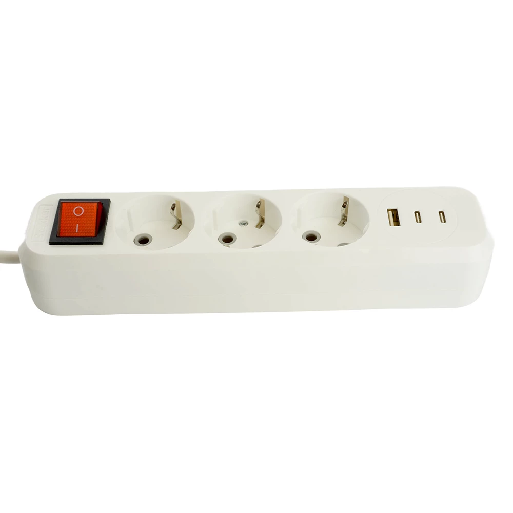 Удлинитель 3-местный с/з с выключ. STEKKER HM071-31-05 3x1мм2, 5м, 250В, 16А, 1USB+2C, 2.4A, сер Home, белый (50138) - Viokon.com