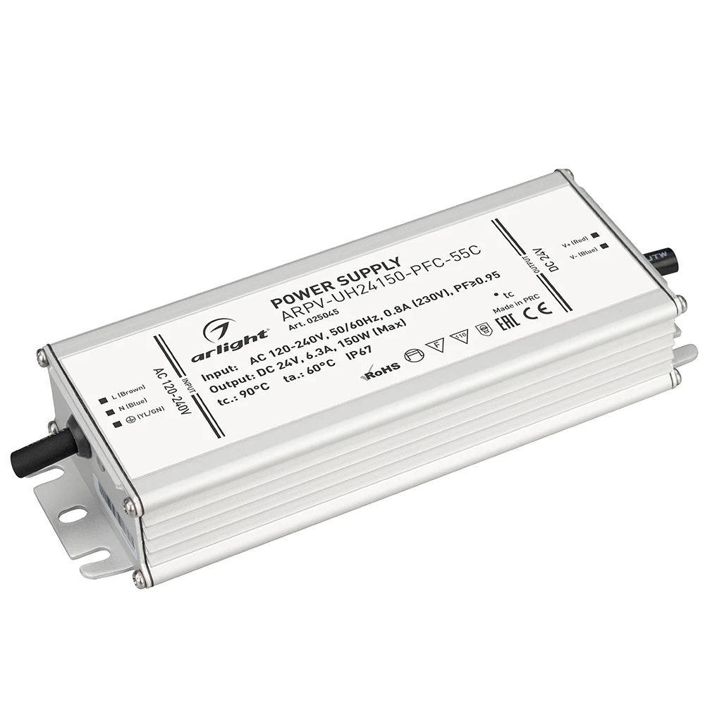 Блок питания ARPV-UH24150-PFC-55C (24V, 6.3A, 150W) (Arlight, IP67 Металл, 5 лет) 025045 - Viokon.com
