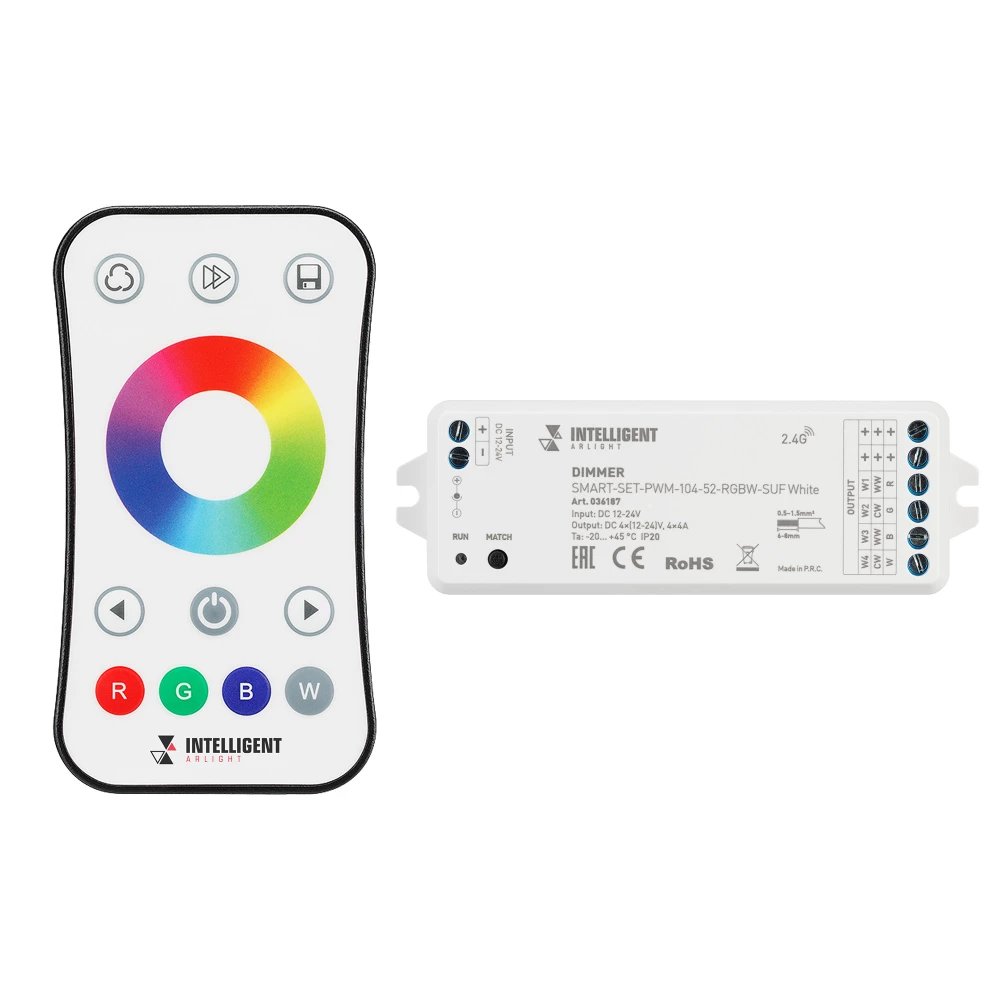 INTELLIGENT ARLIGHT Диммер SMART-SET-PWM-104-52-RGBW-SUF White (12-24V, 4x4A, ПДУ RING 10кн, 2.4G) (IARL, Контроллер) 036187 - Viokon.com