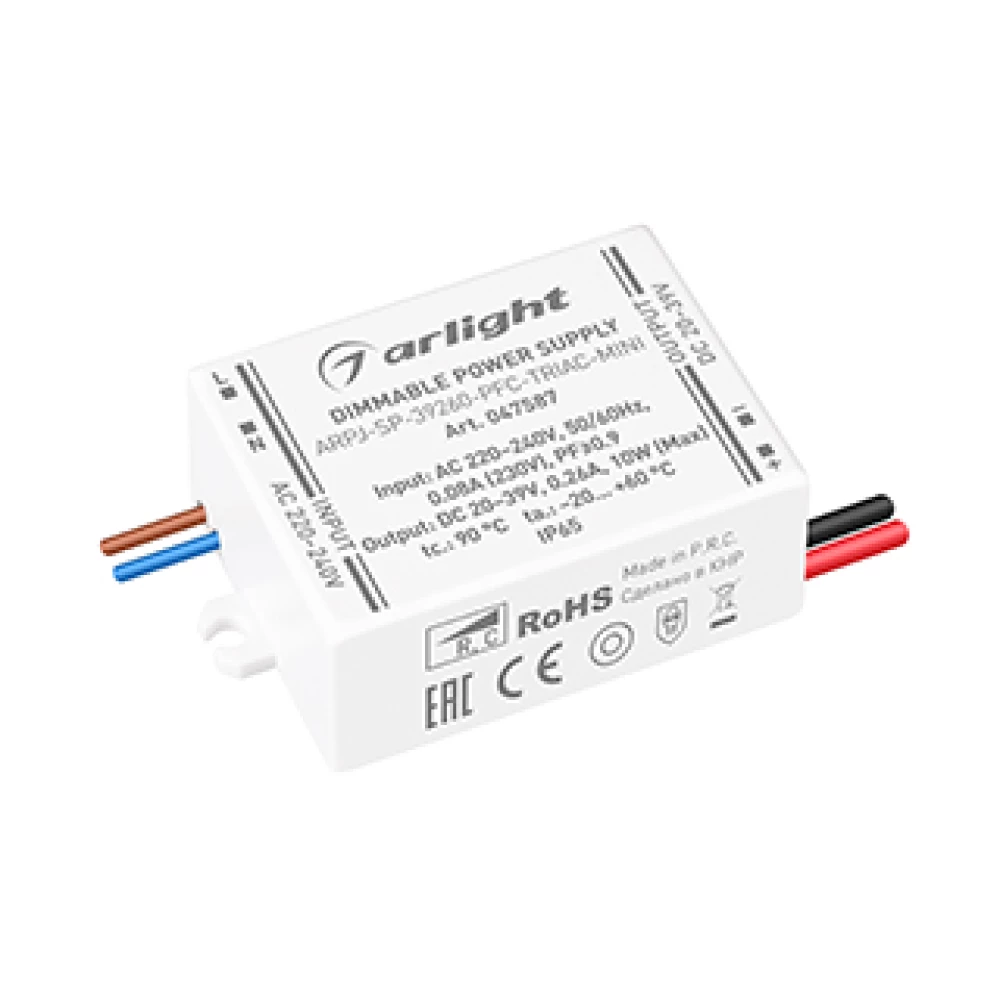 Блок питания ARPJ-SP-39260-PFC-TRIAC-MINI (10W, 20-39V, 260mA) (Arlight, IP65 Пластик, 5 лет) 047587 - Viokon.com