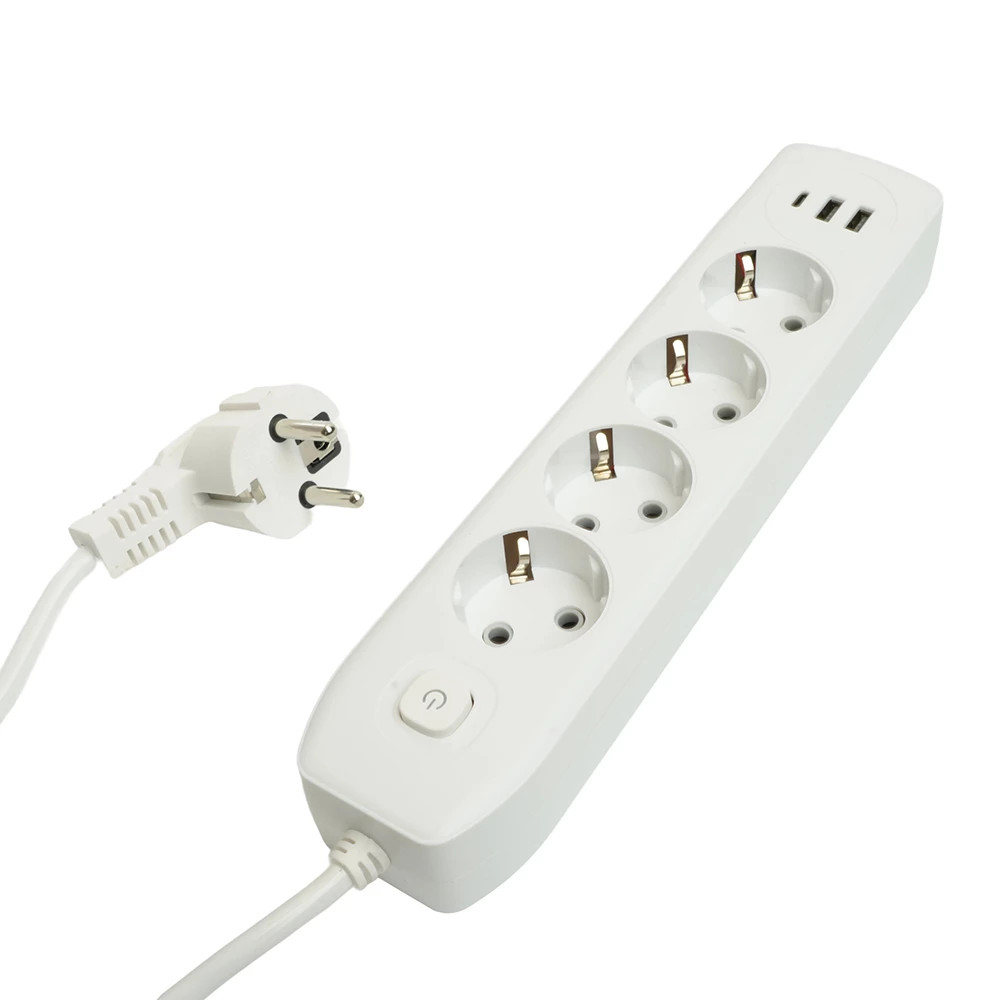 Удлинитель 4-местный c/з 3x1 мм2, 3 м, 250В, 10А, 2USB+1Type-C 2,4А, серия Home plus, белый STEKKER HM08-43-02 (49978) - Viokon.com