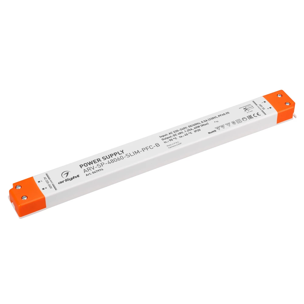 Блок питания ARV-SP-48060-SLIM-PFC-B (48V, 1.25A, 60W) (Arlight, IP20 Пластик, 5 лет) 047974 - Viokon.com