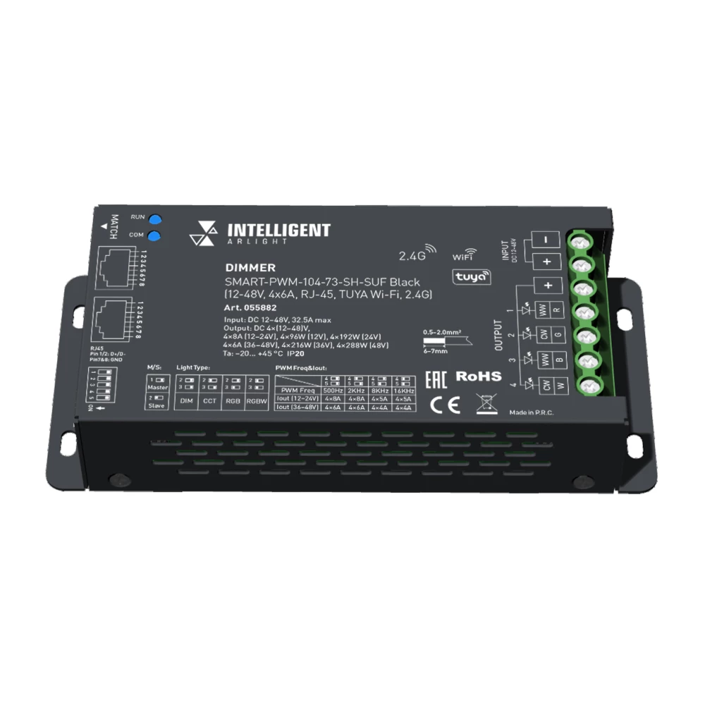 INTELLIGENT ARLIGHT Диммер SMART-PWM-104-73-SH-SUF Black (12-48V, 4x6A, RJ-45, TUYA Wi-Fi, 2.4G) (IARL, IP20 Металл, 5 лет) 055882 - Viokon.com