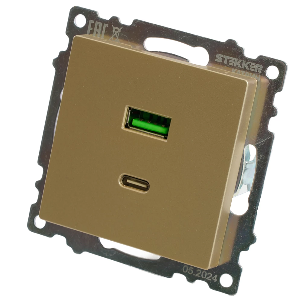 Розетка 2-местная USB + type C (механизм), 250В, 3А, max 20W, STEKKER, GLS10-7116-08, серия Катрин, золото (50053) - Viokon.com