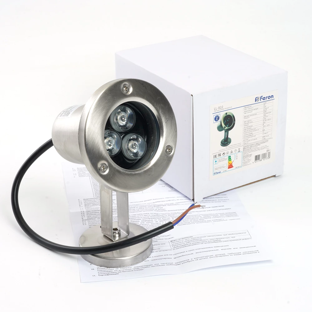 Светодиодный прожектор подводный Feron LL-822, 3W, AC/DC24V, низковольтный, 6400K, металлик, 80*80*130mm, IP68 (48455) - Viokon.com