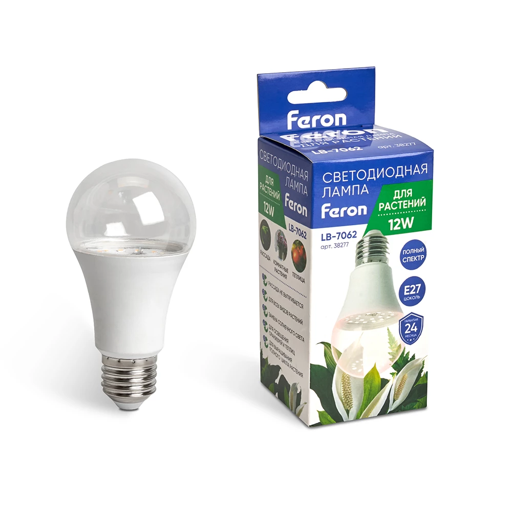 Лампа светодиодная для растений А60 Feron LB-7062 E27 12W 175-265V полный спектр (38277) - Viokon.com
