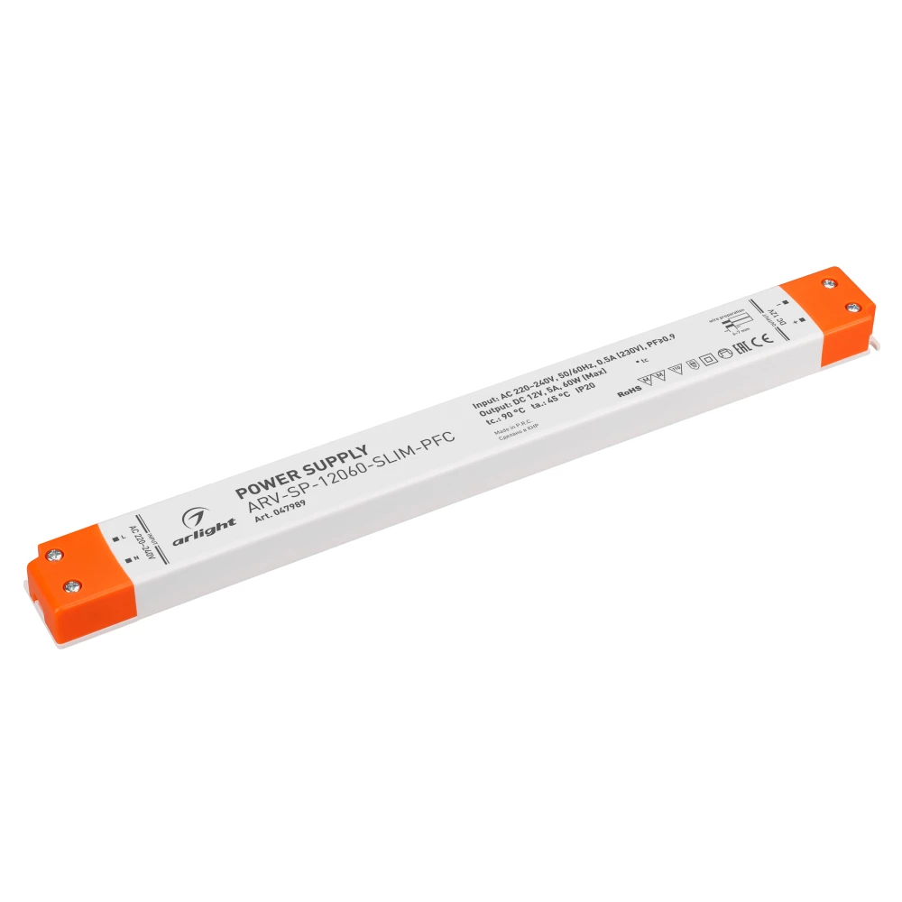 Блок питания ARV-SP-12060-SLIM-PFC (12V, 5A, 60W) (Arlight, IP20 Пластик, 5 лет) 047989 - Viokon.com