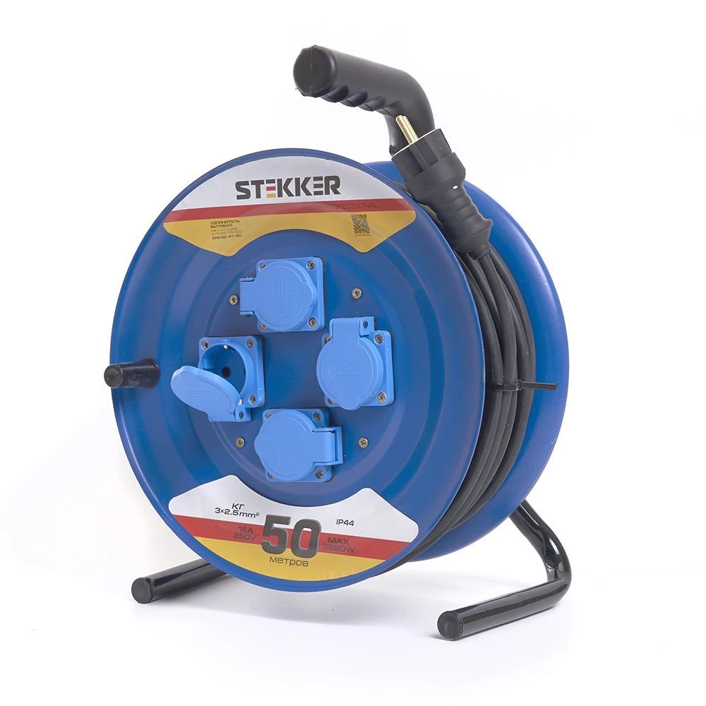 Удлинитель на металлической катушке 4-местный с/з Stekker, PRF02-41-50, 50м, 3*2,5, серия Professional, синий (39297) - Viokon.com