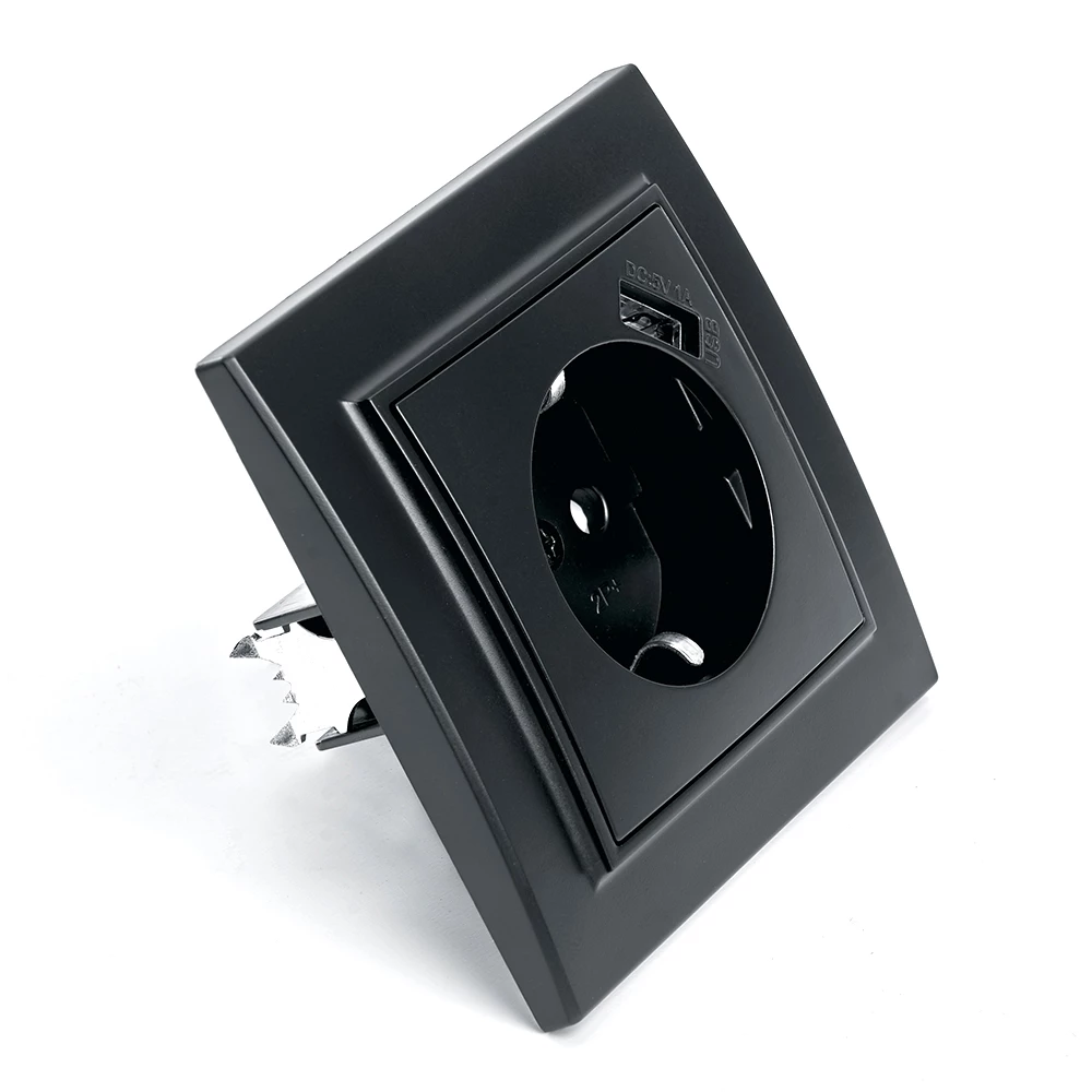 Розетка 1-местная c/з и с USB STEKKER, PST16-9011-03, 250В, 16А, с защитной шторкой, серия Эрна, черный (39480) - Viokon.com