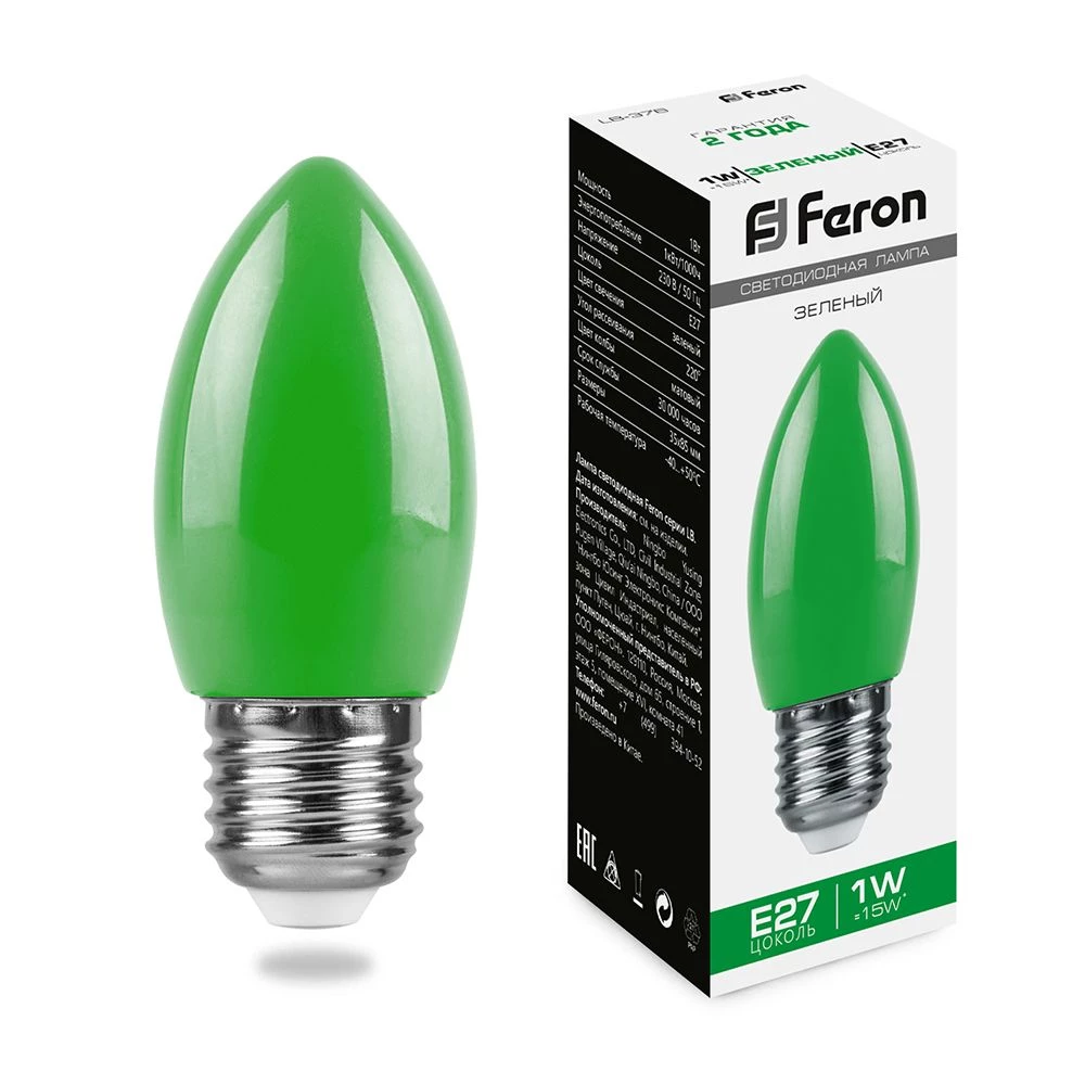Лампа светодиодная Feron LB-376 свеча E27 1W зеленый (25926) - Viokon.com