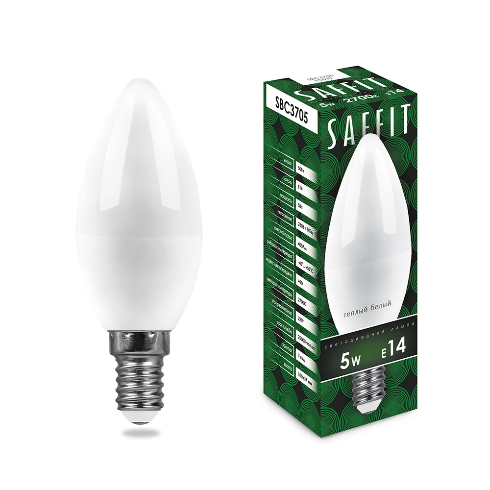 Лампа светодиодная SAFFIT SBC3705 Свеча E14 5W 2700K (55019) - Viokon.com