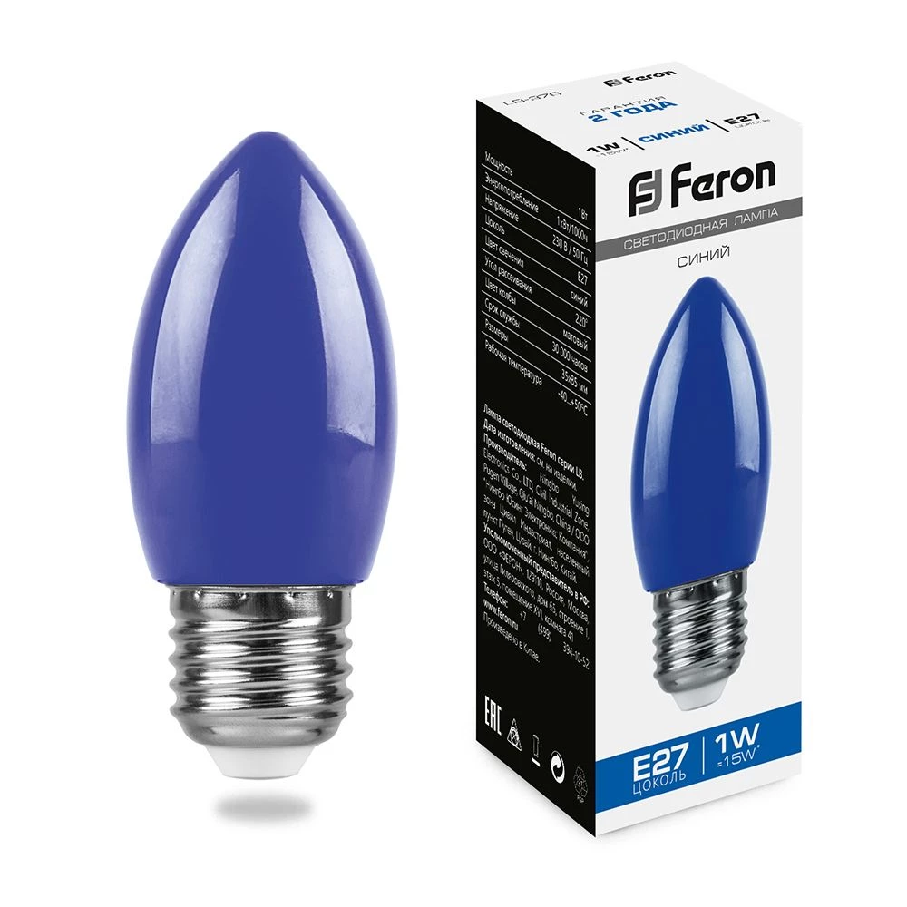 Лампа светодиодная Feron LB-376 свеча E27 1W синий (25925) - Viokon.com